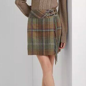 NWT Ralph Lauren Wool Plaid Fringe Trim Tweed Skirt w/ buckle Plus Size 16